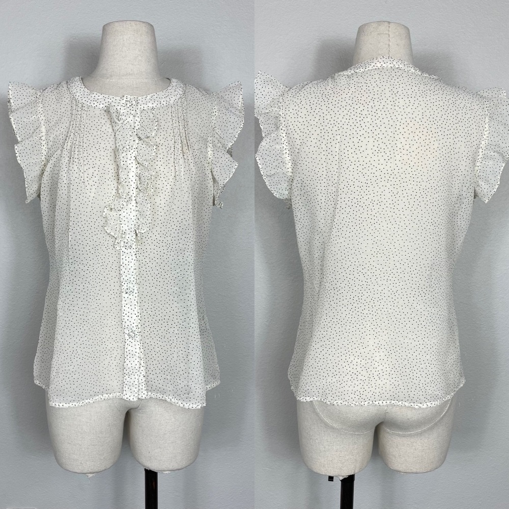 TULLE polka dot ruffle cap sleeve sheer blouse top | L